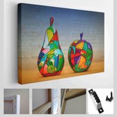 Een kunstwerk - peren en appels geschilderd met de hand verven in helder blauwe en oranje achtergrond - Modern Art Canvas - Horizontaal - 337689953
