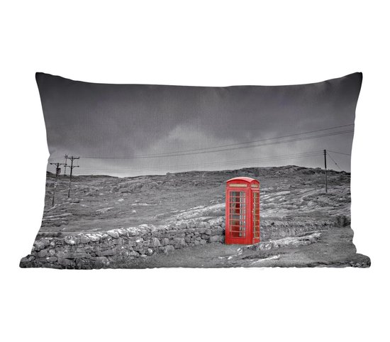 Sierkussen Rouge noir et blanc pour l'intérieur - Photo Zwart et blanc d'une cabine téléphonique britannique - 50x30 cm - Coussin intérieur rectangulaire en coton