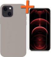 iPhone 13 Hoesje Siliconen Case Met Screenprotector Met Dichte Notch - iPhone 13 Hoes Siliconen Cover Met Beschermglas - Grijs