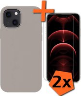 iPhone 13 Hoesje Siliconen Case Met 2x Screenprotector Met Dichte Notch - iPhone 13 Hoes Siliconen Cover Met 2x Beschermglas - Grijs