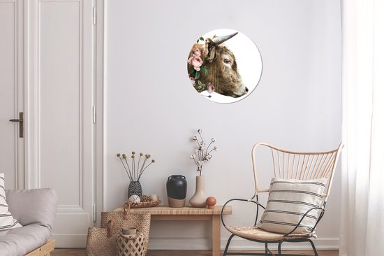 Cercle mural - Plastique - Highlander écossais - Fleurs - Animaux - Rose - ⌀ 30 cm - Chambre déco