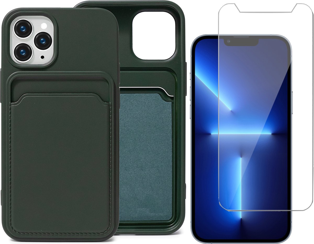 Groen Pasjeshouder Hoesje geschikt voor Apple iPhone 12 Pro Max - Screenprotector Glas - Case met Pasjeshouder