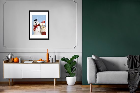 Photo encadrée - Un bonhomme de neige avec des cadeaux de Noël Cadre photo noir avec passe-partout blanc, moyen 40x60 cm - Affiche encadrée (Décoration murale salon / chambre)