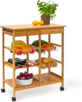 Bol.com Relaxdays serveerwagem - bamboe - 2 lades - 3 manden - op wieltjes - 80 x 67 x 37 cm aanbieding