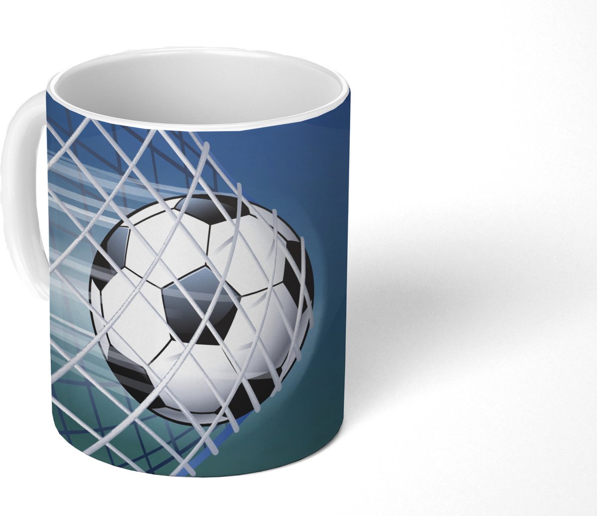 Mok - Koffiemok - Een illustratie van een voetbal in het net -Jongens - Meisjes - Kinderen - Mokken - 350 ML - Beker - Koffiemokken - Theemok