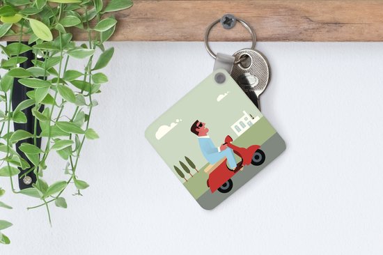Porte-clés Illustration Vespa - Illustration d'un homme sur un porte-clés Vespa rouge en plastique - Porte-clés carré avec photo