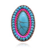 Handgemaakte verstelbare ovale Boho ring blauw leer en turkoois