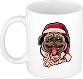 Cadeau kerstmok wit Merry Christmas hond / mopshond - 300 ml - keramiek - mok / beker - Kerstmis - kerstcadeau