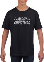 Merry Christmas Kerst t-shirt - zwart met zilveren glitter bedrukking - kinderen - Kerstkleding / Kerst outfit S (110-116)