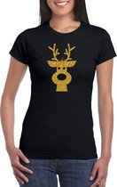 Rendier hoofd Kerst t-shirt - zwart met gouden glitter bedrukking - dames - Kerstkleding / Kerst outfit M