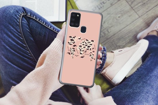 Coque Samsung Galaxy A21s - Carte du Wereldkaart - Animaux - Silhouette - Siliconen