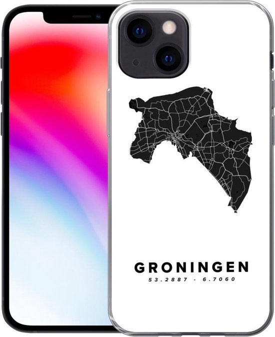 Coque iPhone 13 mini - Groningue - Carte - Zwart - Wit - Siliconen