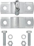 Zilverkleurige metalen montageplaat met oog, en een apart deel met klem, met bouten en moeren.