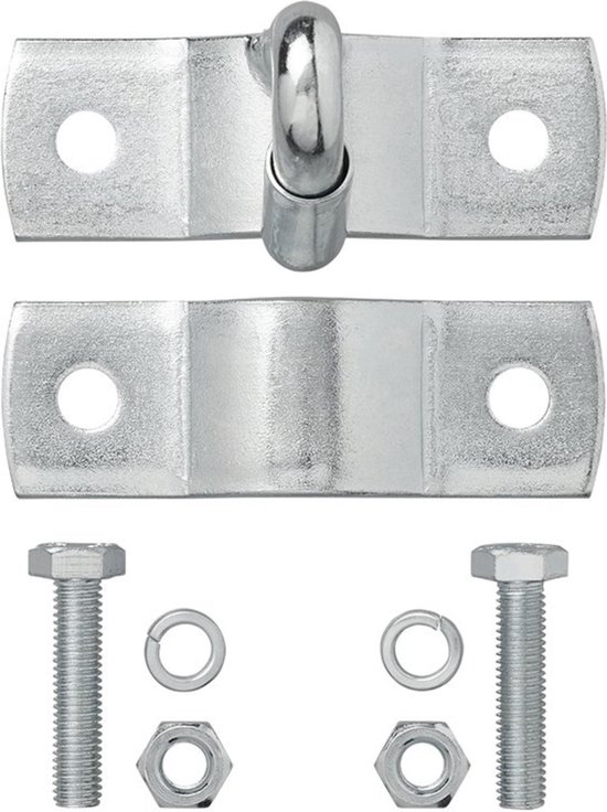 Zilverkleurige metalen montageplaat met oog, en een apart deel met klem, met bouten en moeren.