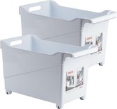 Set van 2x stuks kunststof trolleys wit op wieltjes L45 x B24 x H27 cm - Voorraad/opberg boxen/bakken