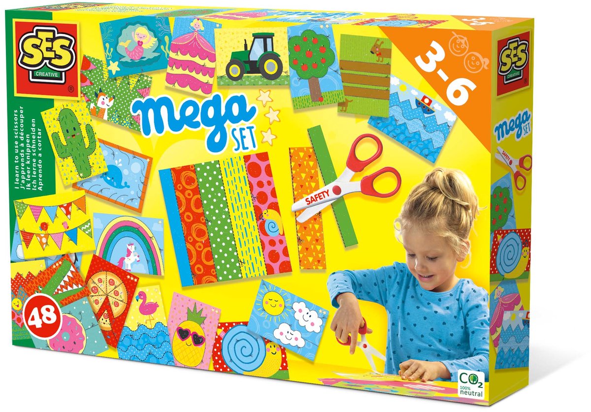 SES - Ik leer knippen - Mega set - met 48 mooie knipvellen en veilige schaar die alleen papier knipt