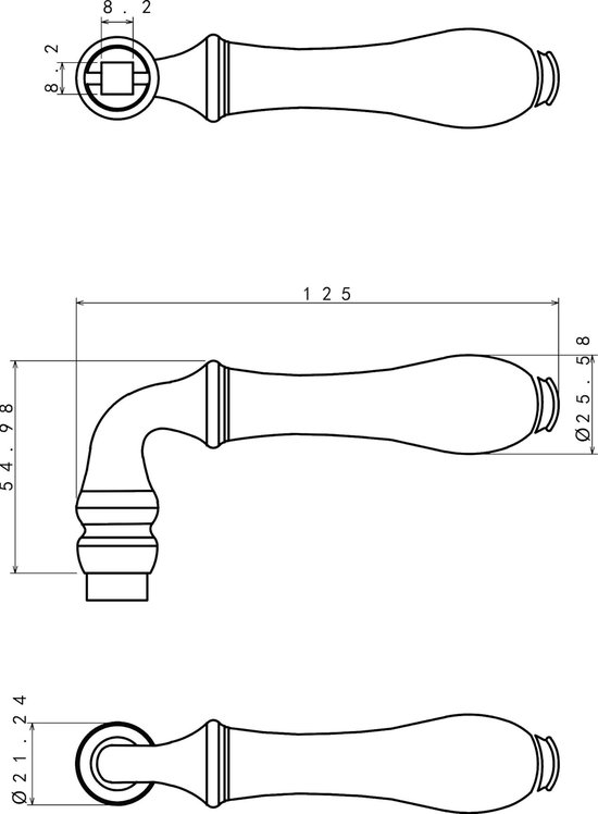 Technische tekening: deurkruk 125 mm lang met sierlijk handvat.