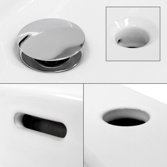 Détails du lavabo en céramique blanche : bonde chromée, trou de trop-plein et trous de robinet.