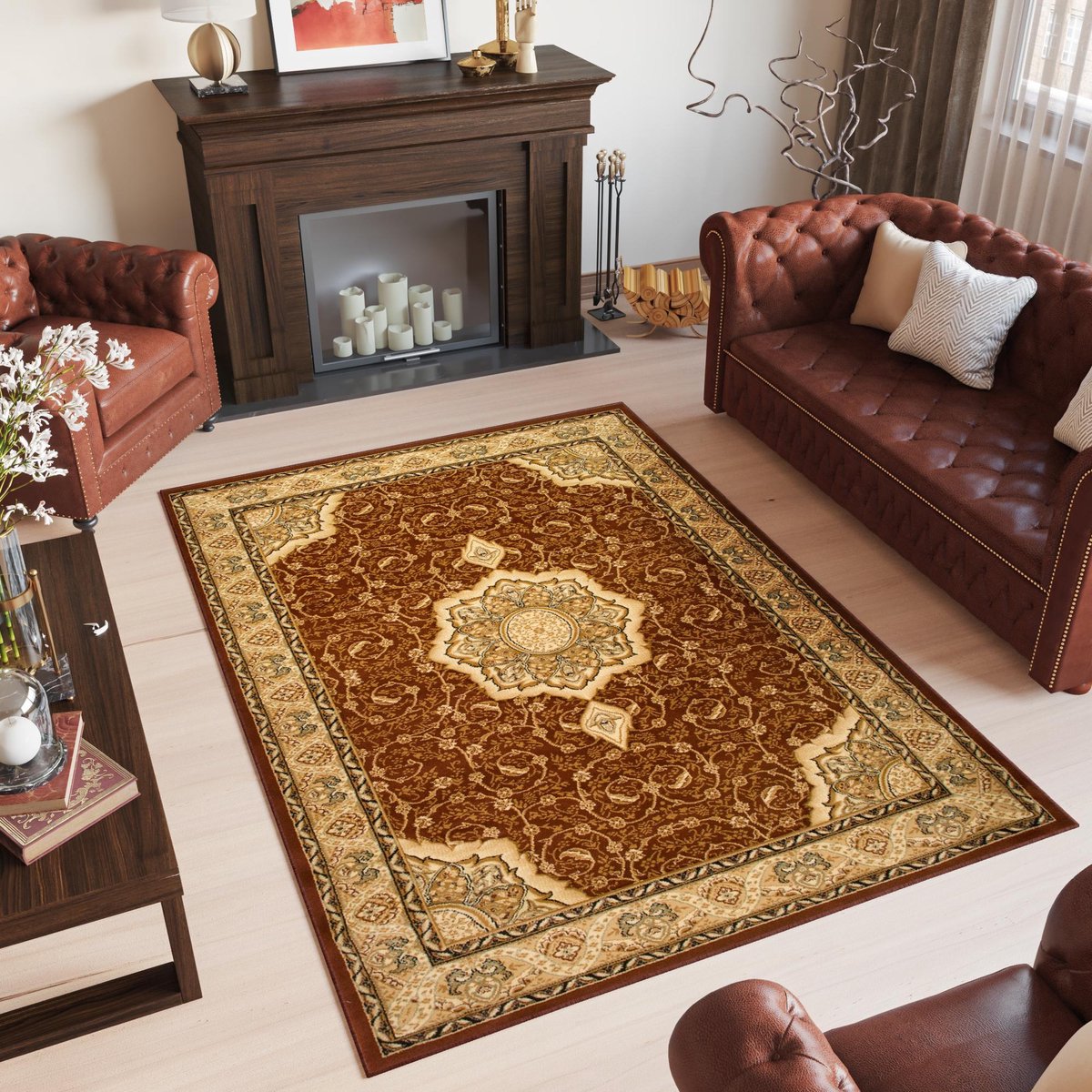 Tapiso Yesemek Vloerkleed Bruin Klassiek Vintage Medaillon Frame Design Woonkamer Slaapkamer Tapijt Maat - 250x300