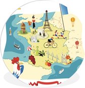 WallCircle - Wandcirkel ⌀ 90 - Geïllustreerde kaart van Frankrijk - Ronde schilderijen woonkamer - Wandbord rond - Muurdecoratie cirkel - Kamer decoratie binnen - Wanddecoratie muurcirkel - Woonaccessoires