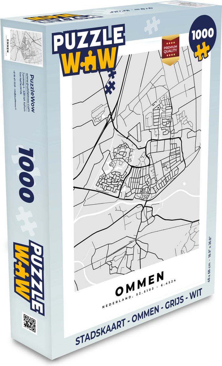 Afbeelding van product PuzzleWow  Puzzel Stadskaart - Ommen - Grijs - Wit - Legpuzzel - Puzzel 1000 stukjes volwassenen - Plattegrond