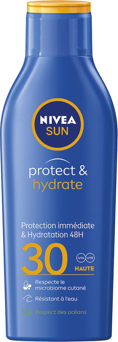 NIVEA SUN Lait solaire Protect & Hydrate format voyage FPS 30 (1 x 50 ml),  Crème solaire hydratation 48H, Protection solaire à la formule agréable