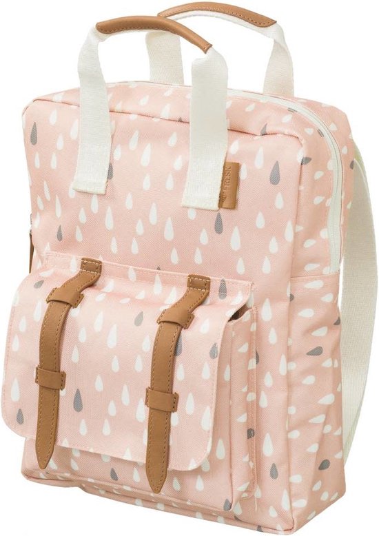 Roze kinderrugzak met witte en grijze druppels, bruine gespen en witte schouderbanden. Merk: Fresk.