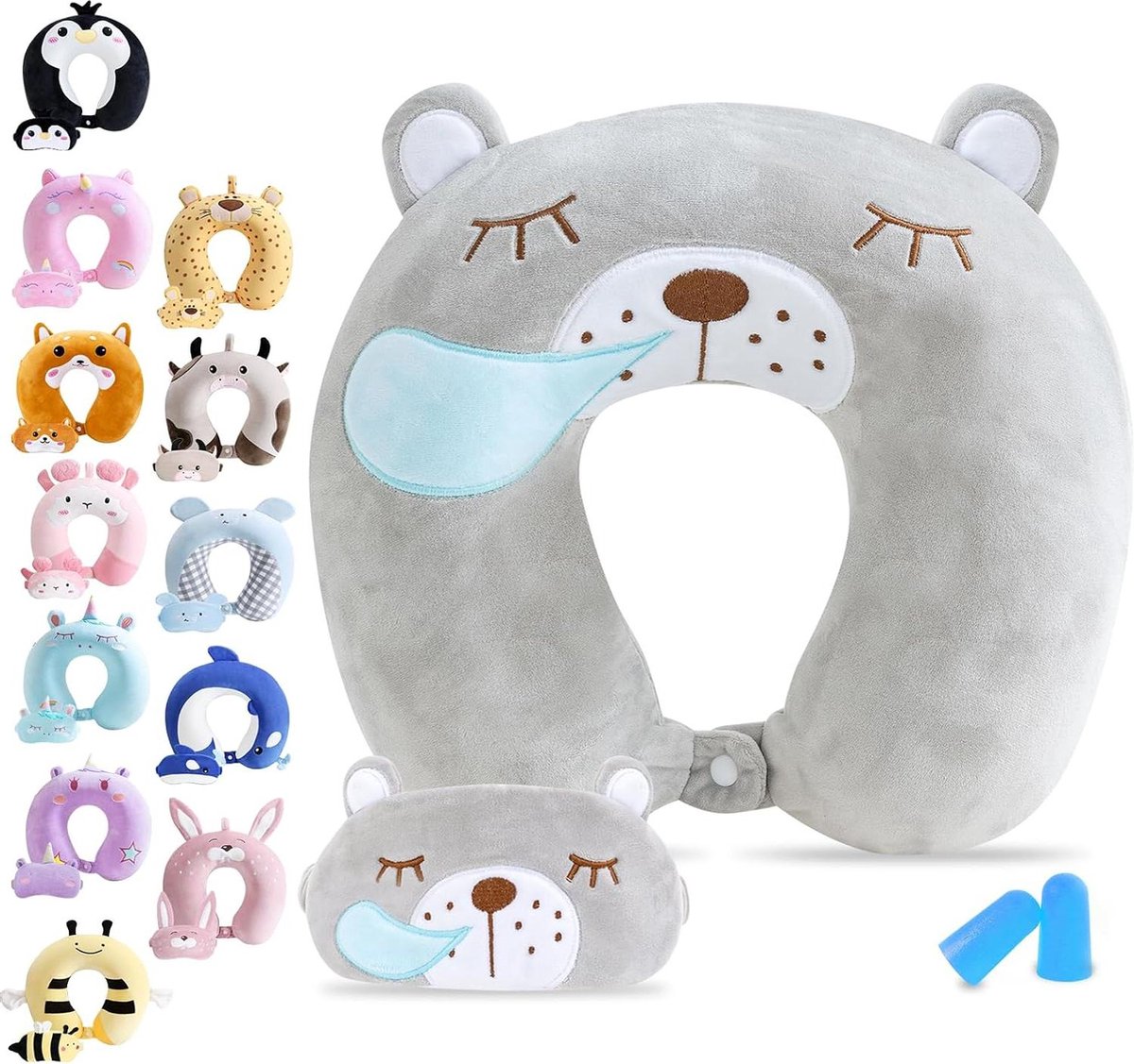 Schattig Geheugenschuim U-Vormige Kinderen Reiskussen Met Slaapmasker - Dieren Zacht Speelgoed - Pluche Hoofdsteun Nek Ondersteuning voor Vliegtuig Auto Reis Bus Gift (beer)
