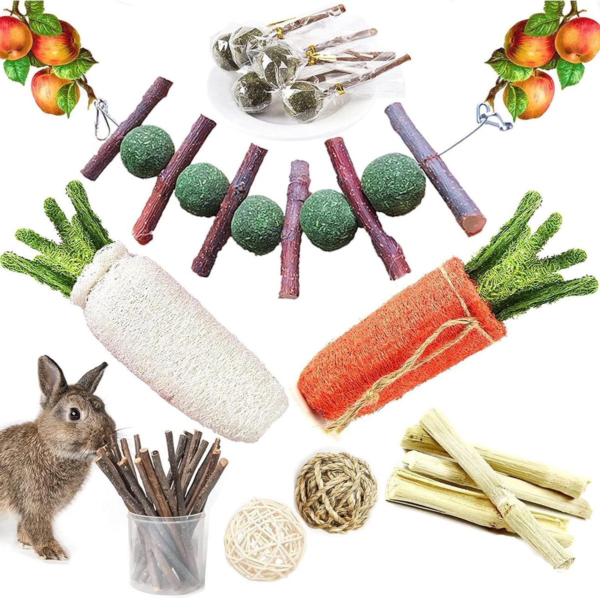 Cavia Speelgoed Activiteitenbal 20+ stuks natuurlijk konijnenaccessoire speelgoed voor Guinee varken – Chinchilla – Cavia’s – Hamsters – Kauwspeelgoed.