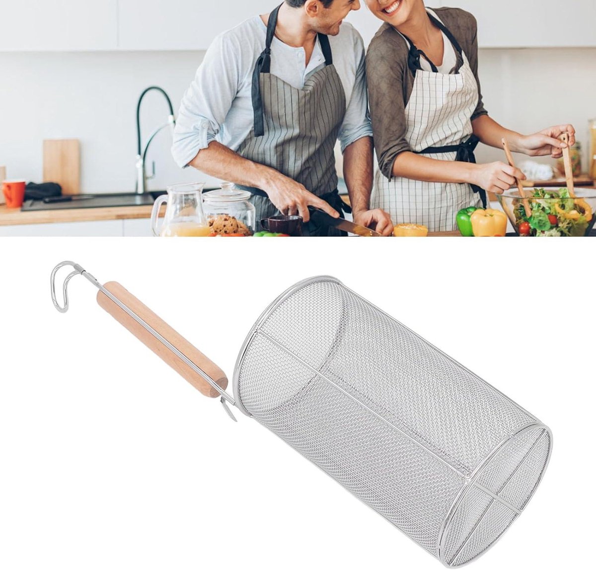 2 stuks pastazeefmand, roestvrij staal, fijnmazige pastazeefmand met houten handvat, goed voor kokende levensmiddelen, spaghetti noedels, diameter 14 cm