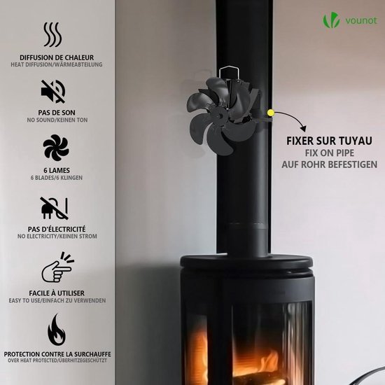 6 Blatt Ofenventilator Ohne Strom, Wärmebetriebener Kaminventilator Ventilator, Lüfter für Kaminofen, Ofenrohr, inkl. Thermometer