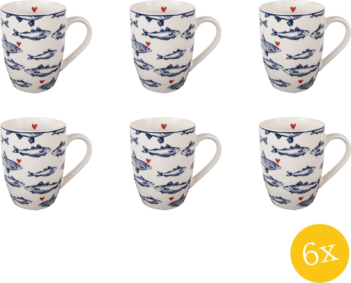 Clayre & Eef Mok set van 6 stuks 350 ml Wit Blauw Porselein Vissen Theemok