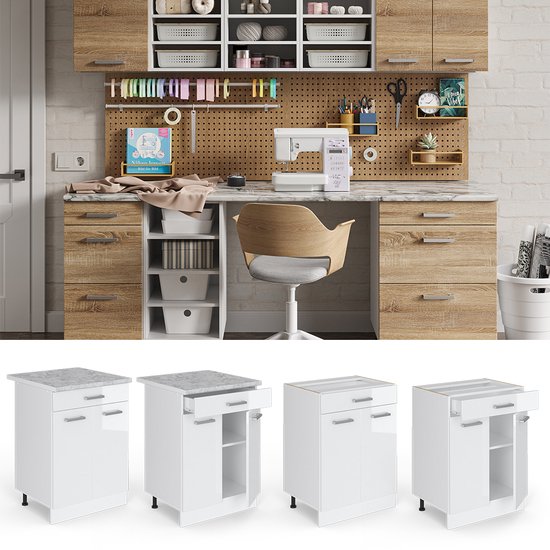 Vicco Élément bas universel R- Line, Wit brillant/ Wit, 60 cm avec tiroirs