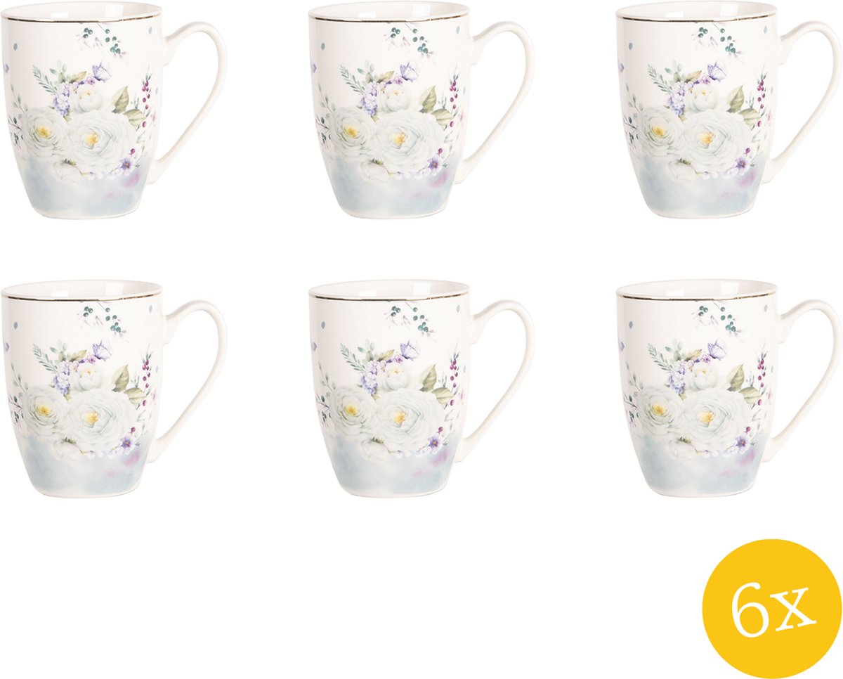 Clayre & Eef Mok set van 6 stuks 360 ml Wit Blauw Porselein Rond Bloemen Theemok