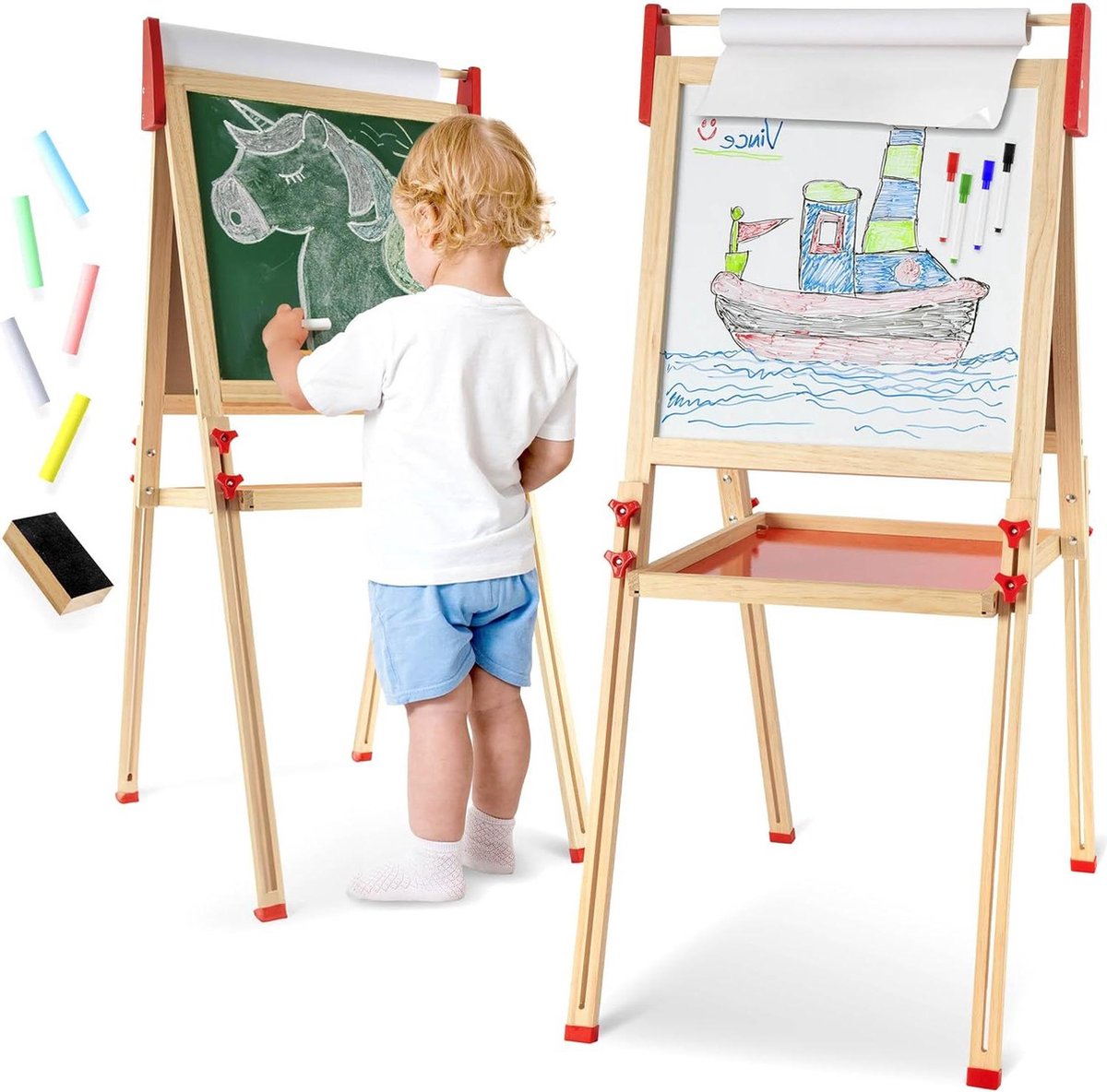 Houten kinderbord ezel met dubbelzijdig bord voor kinderen schoolbord whiteboard en papierrol schildersezel in hoogte verstelbaar schilderen