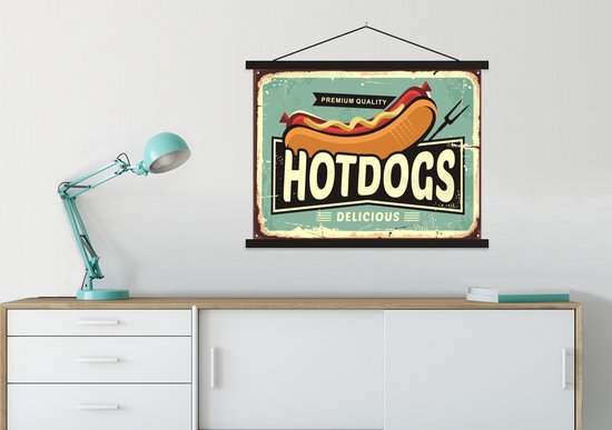 Porte-affiche avec affiche - Affiche scolaire - Hot dog - Vintage - Illustration - 60x45 cm - Lattes noires