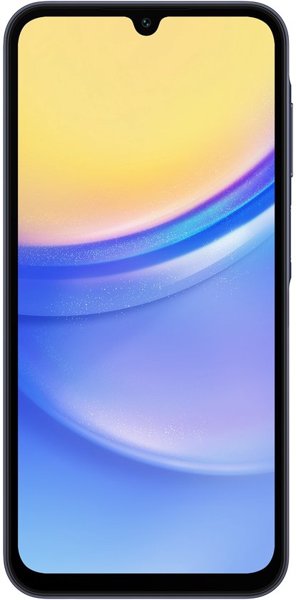 Zwarte Samsung smartphone met een helder scherm dat blauw, paars en geel toont.