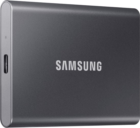 Grijze Samsung Portable SSD T7 met USB-C poort.