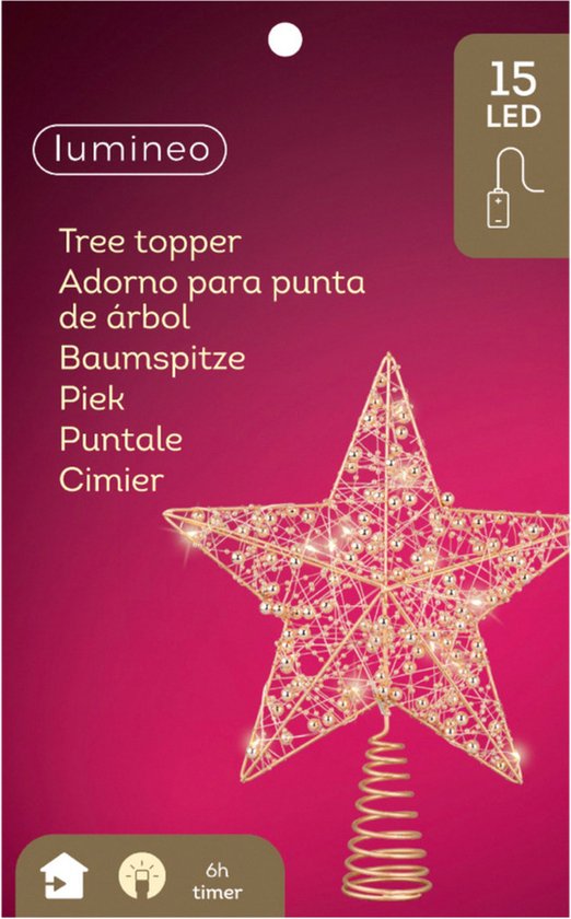 Lumineo gouden ster kerstboom piek, 15 LED lampjes, timer functie.