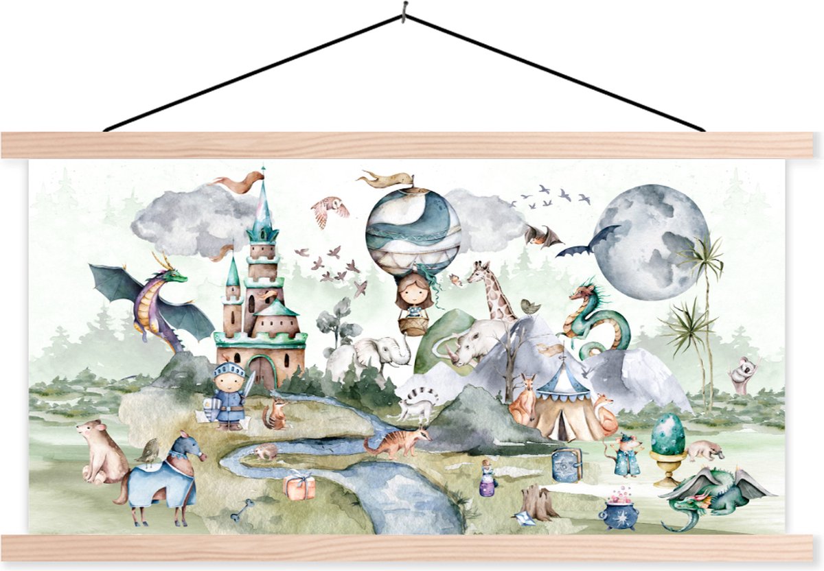 Schoolplaat kinderen - Schoolplaat safari - Kinderen - Luchtballon - Draak - Jongens - Kasteel - Waterverf - Muurdecoratie - Kinderkamer decoratie - 120x60 cm