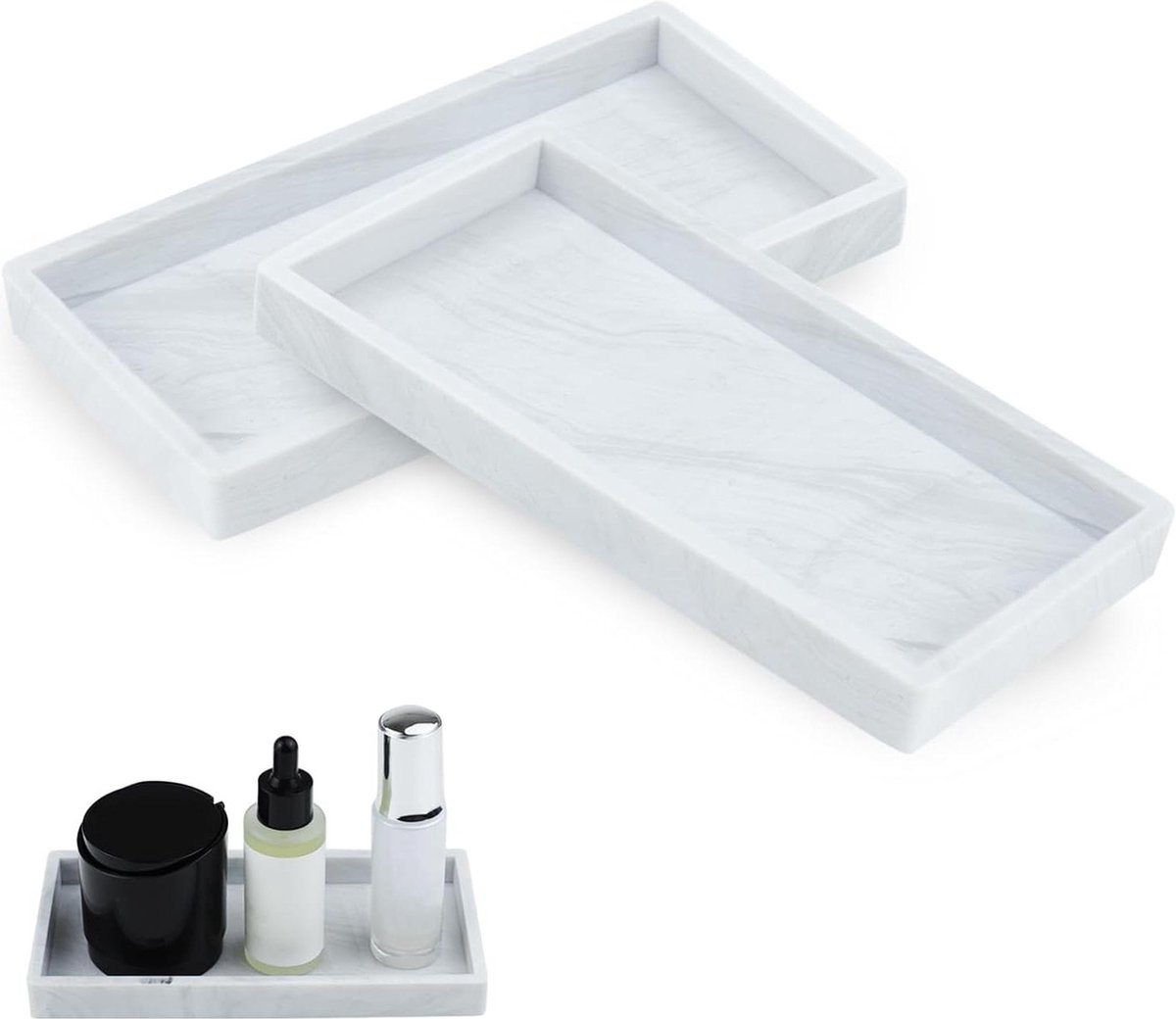 Goedkoopste 2 stuks kunsthars dienblad voor make-up tafel - decoratieve rechthoekige organizer voor parfum cosmetica sieraden zeep dispenser badkamer ijdelheid (marmer) make up tafel