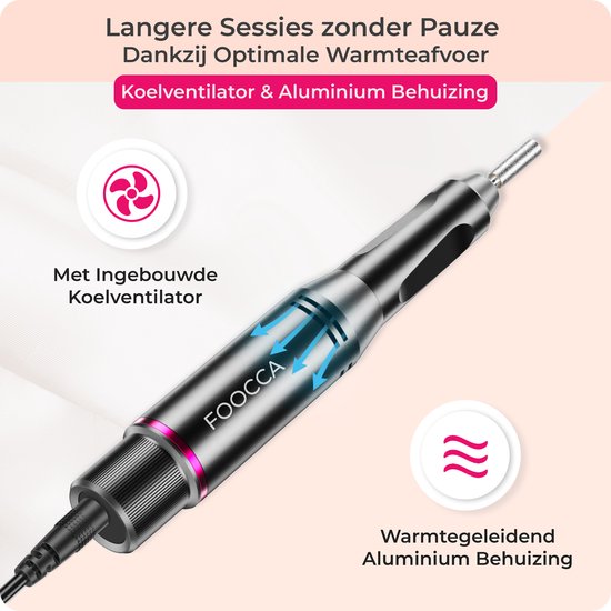 FOOCCA® Elektrische Nagelvijl - Nagelfrees 30000 RPM - Bedraad - Pen Pro - 12 Bitjes + 65 Schuurrolletjes + 3 Accessoires - Manicure en Pedicure Set - Ergonomische Aluminium Behuizing - Eeltverwijderaar - Kalknagels