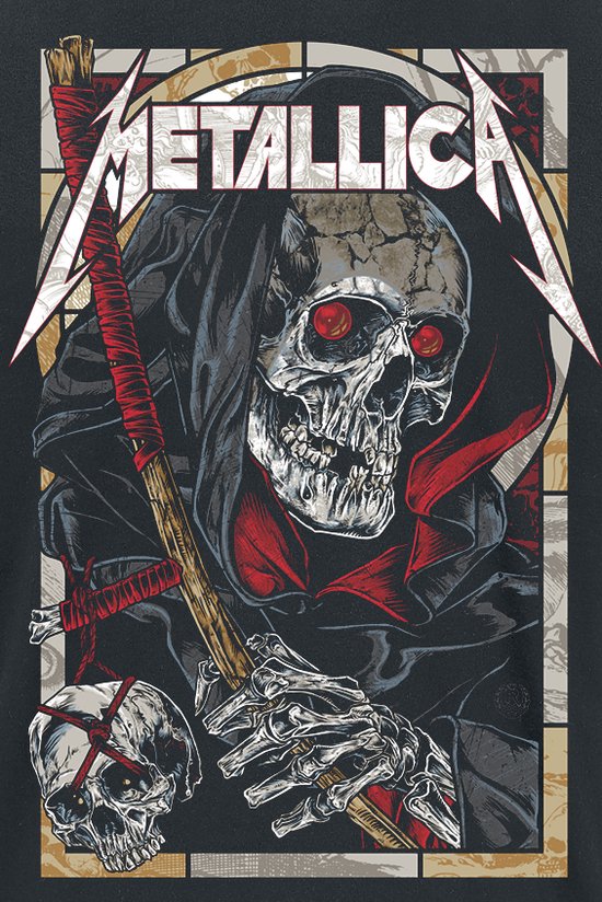 Metallica logo boven een duistere reaper met rode ogen, zeis en schedel.