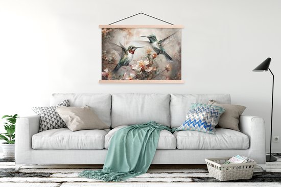 Schoolplaat - Kolibrie - Vogels - Bloemen - Textielposter - Muurdecoratie - Wanddecoratie - Slaapkamer - 120x80 cm - Kamerdecoratie - Schoolposter
