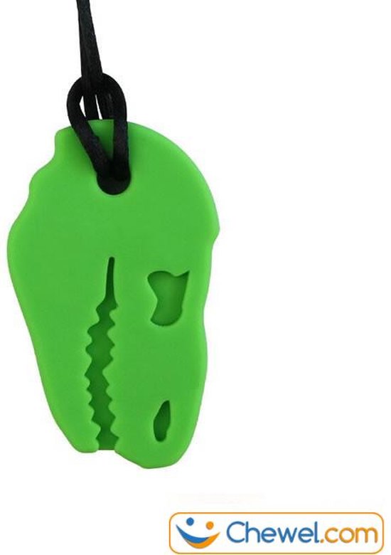 Groene dinosaurus schedel hanger met tandjes en oogdetail, aan koord.