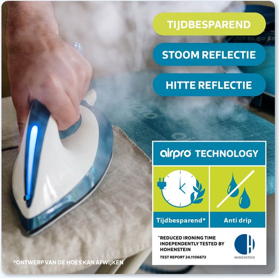 Stoom reflectie en hitte reflectie op een Airpro strijkhoes. Tijd besparend. Testrapport Hohenstein.