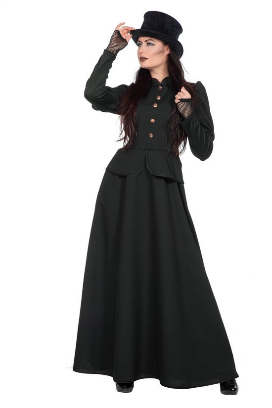 Mannequin en costume noir long avec col haut, manches bouffantes et haut-de-forme.