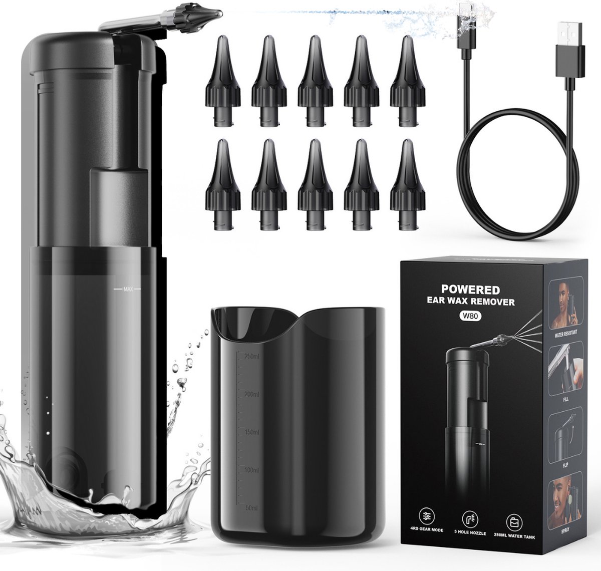 Goedkoopste Oordouche USB-Oplaadbaar Incl. 12 Vervangende Oordopjes - Oor-Reiniger - Oorspuit -Oorsmeer Verwijderaar - Oor Uitspuiten - Meerdere Waterstralen - Waterproof - Oplaadbare Oorspoelapparaat - Oor Reiniging – Incl. USB C Oplaadkabel - Wattenstaafjes