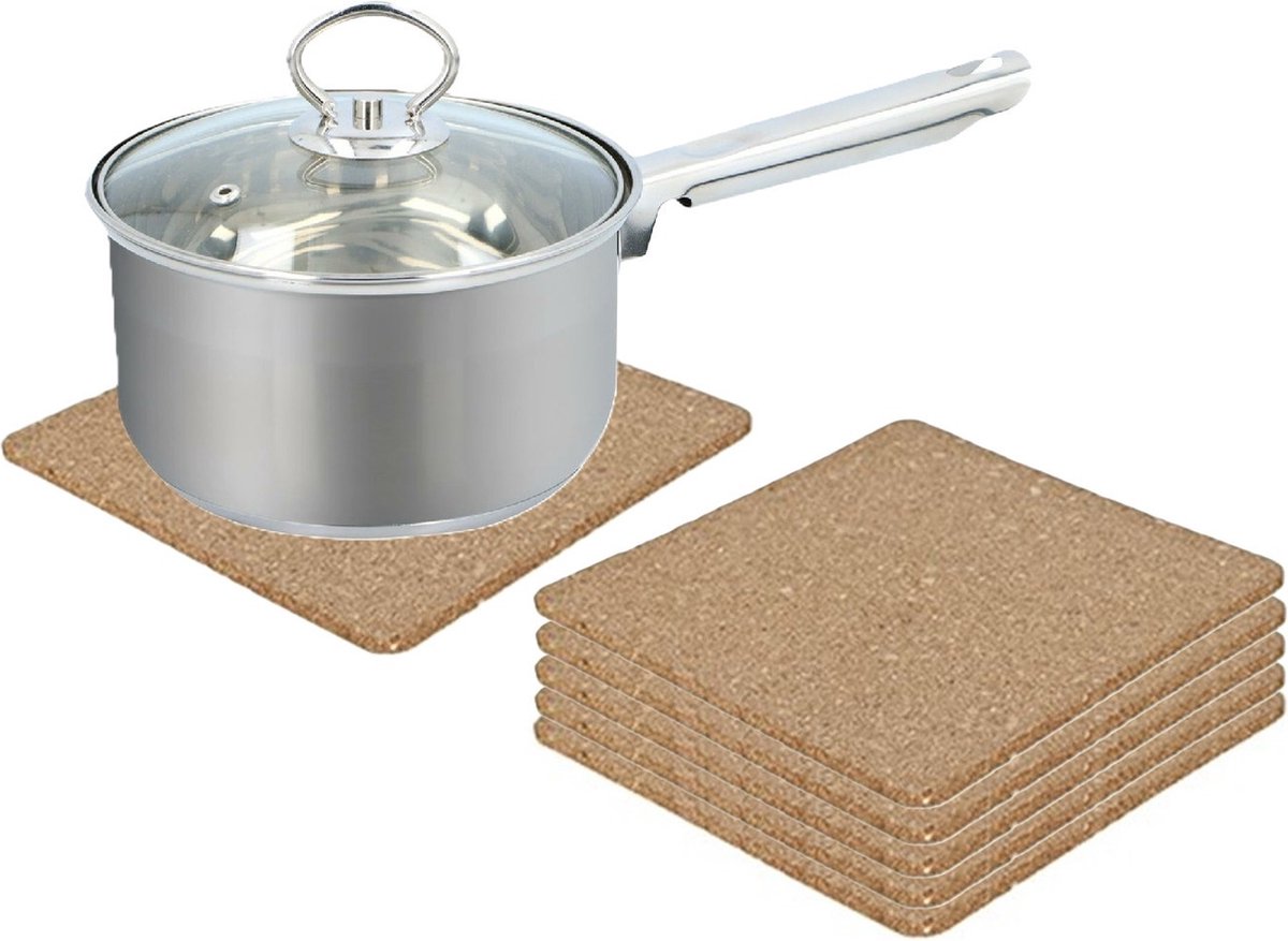 Alessandro Onderzetter voor pannen - set 6x - kurk - 18 x 18 cm - vierkant - hittebestendig - kookpannen/ovenschalen