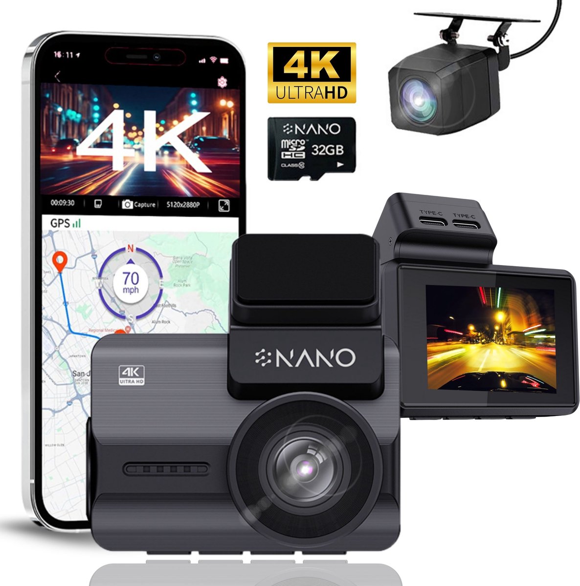 Nanocam M68 4K 2CH Wifi GPS 32gb dashcam voor auto